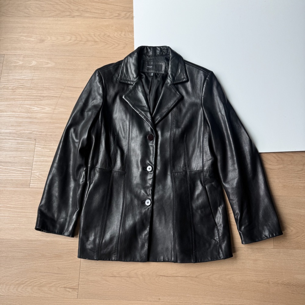 Y2K Black Genuine Leather Blazer Jacket Whipstitch Detail XL Avanti Womens